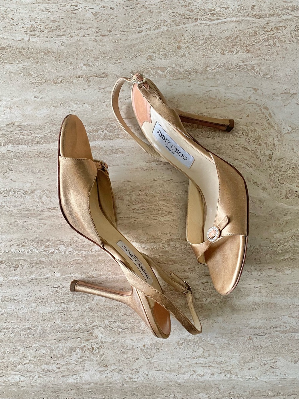 Vintage Jimmy Choo Satin Crystal Buckle Slingback Sandal Heels - Picture 6 of 13